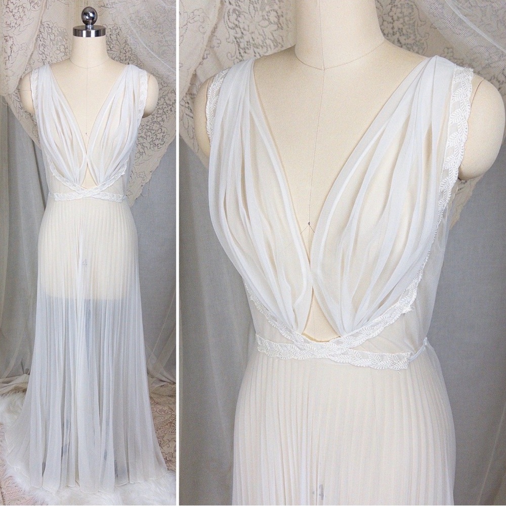 Vintage 1950s-1960s Sheer Ivory Grecian Floor-Length Nightgown & Pleated Skirt